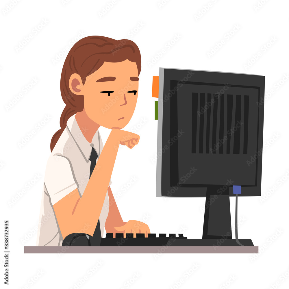 Poster Bored Young Woman Working with Computer, Lazy Female Employee Procrastinating at Workplace, Unproductive Office Worker Character Vector Illustration