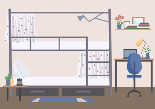 Hostel, Dorm Room Flat Color Vector Illustration. University Dormitory, Accommodation 2D Cartoon Interior With Bunk Bed On Background. Student Lifestyle, College Experience. Empty Shared Room