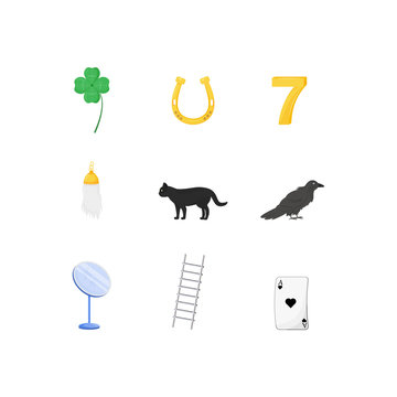 Superstitious symbols flat color vector objects set. Various good and bad luck signs 2D isolated cartoon illustrations on white background. Four leaf clover, lucky seven, black cat and rabbit foot