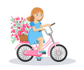 Vector illustration girl with flowers basket on bicycle. Pink bicycle with girl in blue summer dress with pink flowers in basket. Print, poster, web, magazine or book illustration.