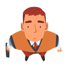 Businessman with Briefcase Standing Looking Up, Male Face, View from Above Vector Illustration