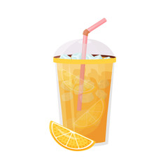 Orange juice cartoon vector illustration. Iced citrus drink. Beverage in plastic cup with straw. Cold lemonade flat color object. Seasonal summer refreshment isolated on white background