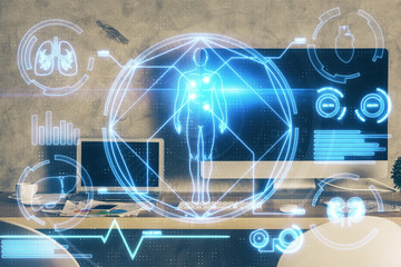 Desktop computer background and education theme drawing. Double exposure. Study concept.