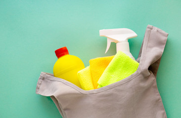 Cleaning products and items in a textile bag