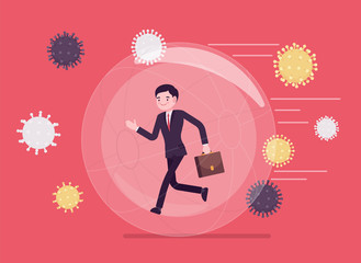 Safe bubble against virus and infection. Businessman, happy healthy guy well protected from being infected with contagious disease, self-isolated, out of risk. Vector flat style cartoon illustration