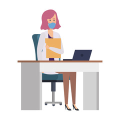 doctor female with face mask in desk vector illustration design