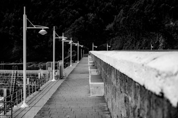 Obraz premium Stylish lanterns and promenade in the fishing port. Armintza village. Basque Country. Northern spain. Black and white image
