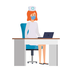 nurse with face mask in desk and laptop vector illustration design