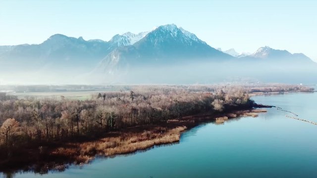 Aerial, rising, drone shot over tranquil lake Geneva and frosty trees, towards mountains, foggy sunrise, near Lausanne, Switzerland