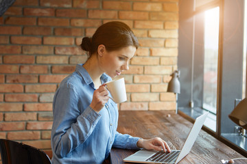 Woman use Laptop huge Loft Studio.Student Researching Process Work.Young Business Woman Working Creative Startup modern Office.Analyze market stock,new strategy.