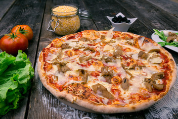 Styled Top View of Large Ham and Mushrooms Pizza, Food Photography on wooden background table