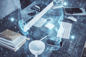 Double exposure of table with computer and brain hologram. Data innovation concept.