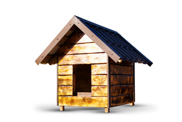 Wooden doghouse isolated on white background. Close-up shot.