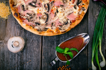 Styled Top View of Large Ham and Mushrooms Pizza, Food Photography on wooden background table