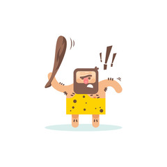 Stone age primitive man in animal hide pelt with big wooden club. Flat style vector illustration isolated on white background.