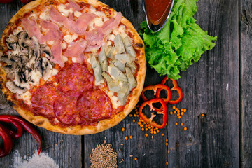 Styled Top View of Large Quattro Stagioni Pizza, Food Photography on wooden background table