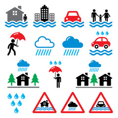 Flood, natural disaster, heavy rain icons set - environment, natural disaster concept
