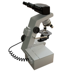 scientific microscope and control block with fictive design isolated on white - photorealistic medical 3d illustration, medical research concept