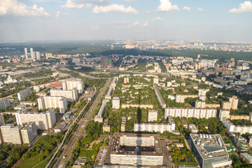Fototapeta na wymiar Bird's-eye view of Moscow. View from the viewing restaurant of the Ostankino TV tower.