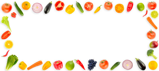 Wide frame ripe fresh vegetables and fruits isolated on white. Copy space