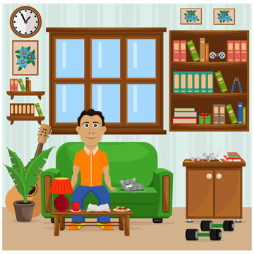 A person is sitting in a chair, reading and having a good time. Vector illustration on the theme of home interior. Stay home.