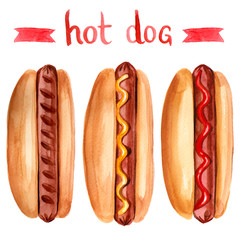 Watercolor illustration of hot dog mustard and ketchup set with hand lettering
