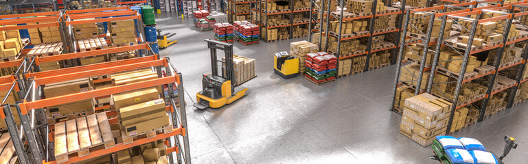 interior of a warehouse with shelves and goods - obrazy, fototapety, plakaty