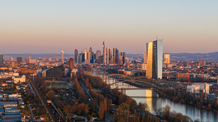 Aerial picture of Frankfurt skyline and European Central Bank building during sunrise in morning twilight