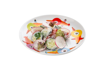 Fresh Vegetable Salad with cucumber, radish and Sour Cream in colorful bowl isolated on white background