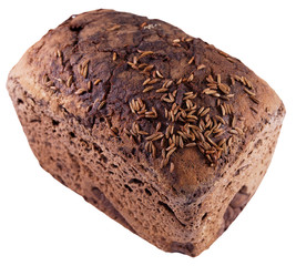 Dark bread with caraway seeds isolated on a white background. Top view