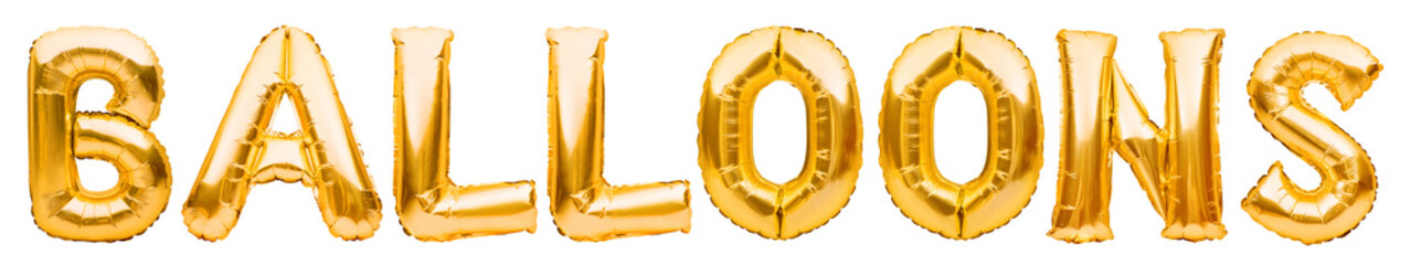Words BALLOONS made of golden inflatable balloons isolated on white background. Helium foil balloons forming text. Birthday party celebrating decoration.
