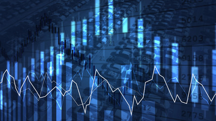 FINANCIAL DIAGRAM. UPTREND LINE. STATISTIC GRAPH WITH AUTOMOBILE INDUSTRY AND BACKGROUND ON BLUE