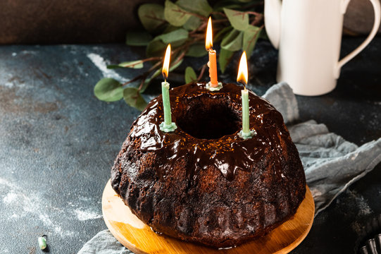 Chocolate Cake With Berries. Bundt Cake. Vegan Cake. Birthday Cake. Cake With Candles. Piece Of Cake. Melted Chocolate. Chocolate Dessert. Birthday Concept