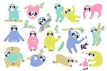 Sloth on branch. Cute little kid sleepy animal on branch in zoo playing with baby hanging vector characters cartoon.