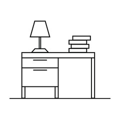 Vector linear workplace icon, desk with books for office storage, logo, office desk, lamp. A desk with a desk lamp, an office. Workplace. Training table