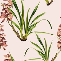 Seamless tropical orchids exotic flower pattern background. Tropical flowers and  leaves, on light background. Exotic print. Vintage motives.