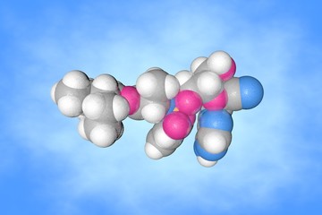 Remdesivir molecule. Atoms are represented as spheres with conventional color coding: carbon (grey), oxygen (red), nitrogen (blue), hydrogen (white), phosphorus (orange). 3d illustration