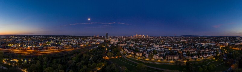 Aerial picture of Frankfurt skyline and European Central Bank building during sunrise in morning twilight