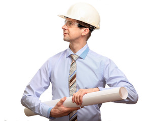 a lucky engineer wearing a construction helmet, glasses, shirt, tie, holding rolled-up drawings. Looking away, isolated