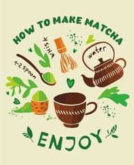 Green Tea matcha recipe. Poster for cafes and restaurants. Seasonal menu. Organic tea. Invitation for tea tasting. Cute trendy color vector illustration.