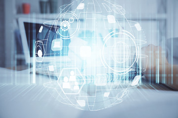 Social network theme hologram over woman's hands writing background. Concept of international people connect. Double exposure