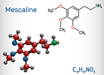 Mescaline molecule. It is hallucinogenic, psychedelic,  phenethylamine alkaloid. Structural chemical formula and molecule model - obrazy, fototapety, plakaty