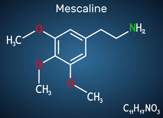 Mescaline molecule. It is hallucinogenic, psychedelic,  phenethylamine alkaloid. Structural chemical formula on the dark blue background - obrazy, fototapety, plakaty