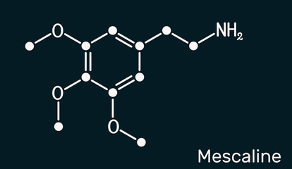 Mescaline molecule. It is hallucinogenic, psychedelic,  phenethylamine alkaloid. Skeletal chemical formula on the dark blue background - obrazy, fototapety, plakaty