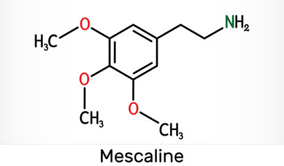 Mescaline molecule. It is hallucinogenic, psychedelic,  phenethylamine alkaloid. Skeletal chemical formula - obrazy, fototapety, plakaty