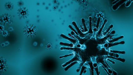 Macro view of viruses floating in body fluid. Concept for illness..3D render.