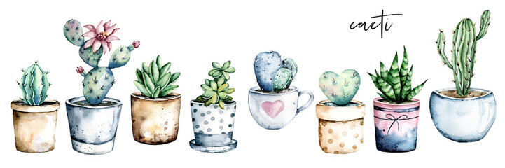 Panele Szklane  Kaktus doniczkowy, akwarela. Kaktusy, sukulenty zestaw na białym tle. Idealnie nadaje się do naklejek, pozdrowień.