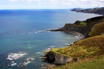 blue sea with a cliff view from a green hill in the Basque country
