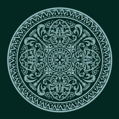 Green Mandala Design Vintage Vector Illustration, Round Ornament Pattern Green Tone on Tone Color Mandala on Black Background