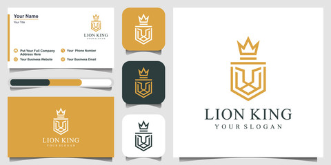 lion, shield, crown, logo design with line art style . logo design and business card